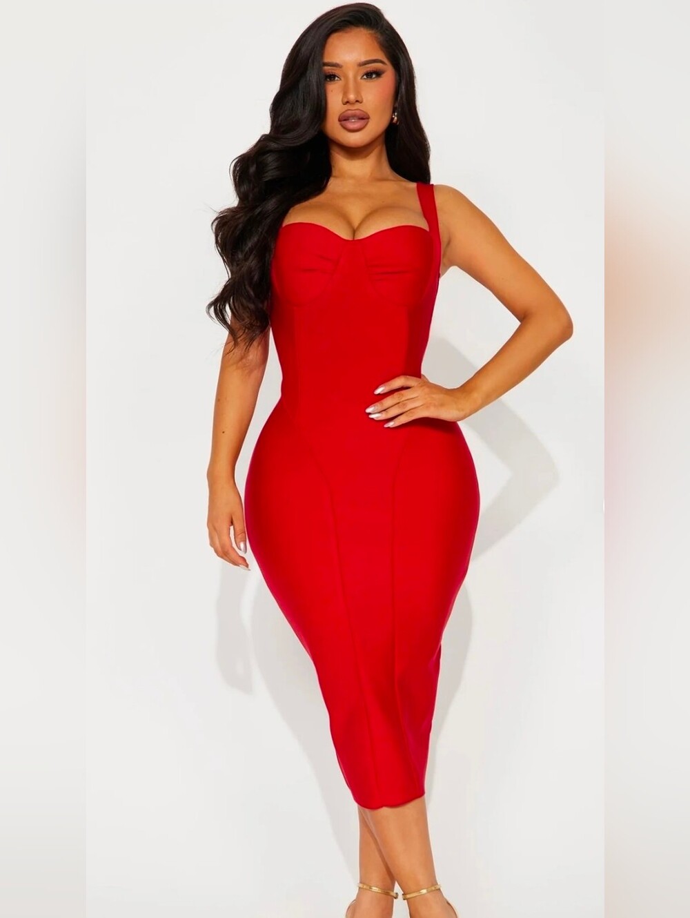 Fashion Nova Red Sculpted Bodycon Midi Dress
